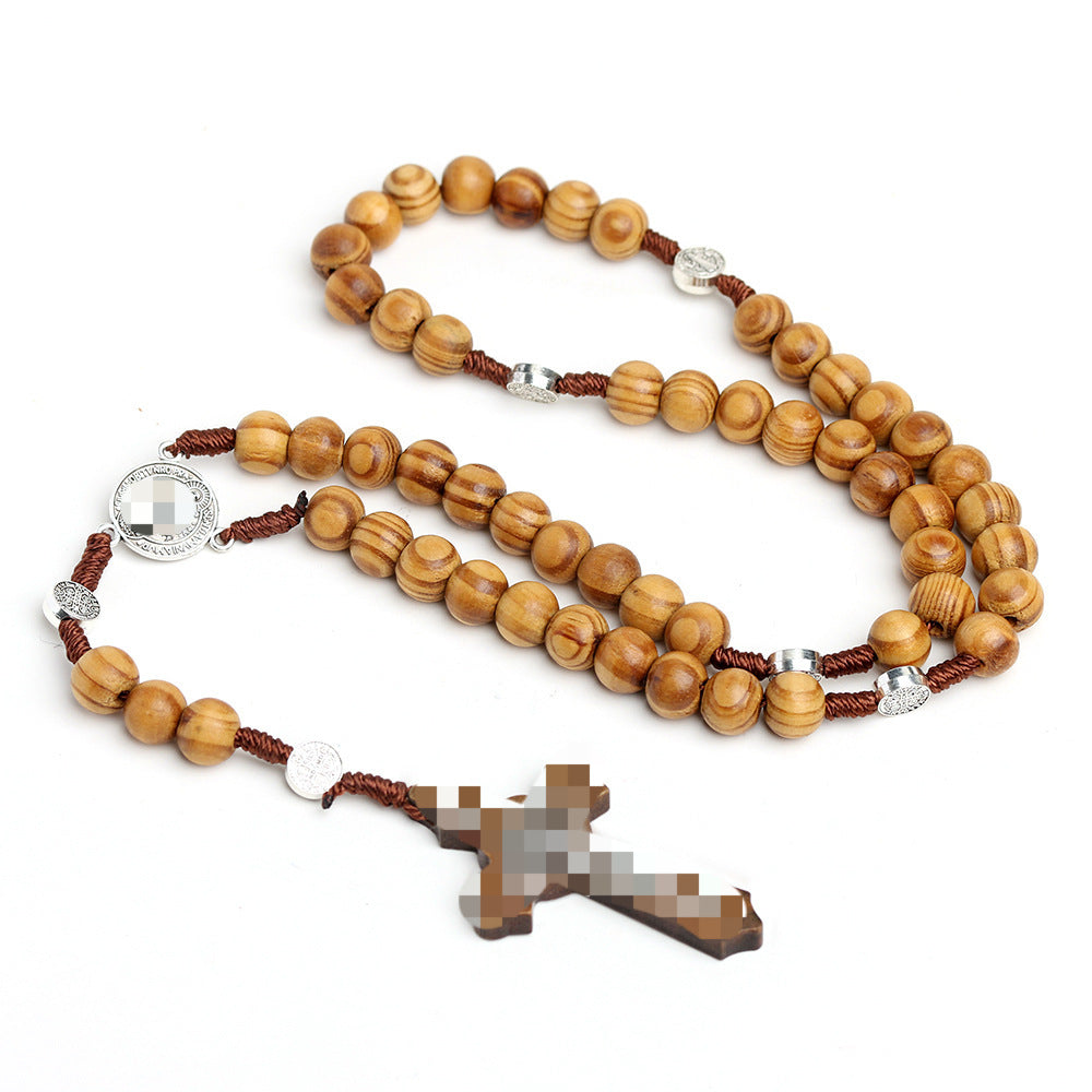 Cross Rosary Hand Knotted Wooden Bead Coffee Necklace