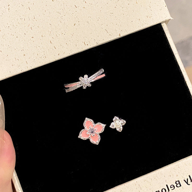 Women's Spring Sweet Pink Cherry Double Flower Niche Knot Design Sense Ring