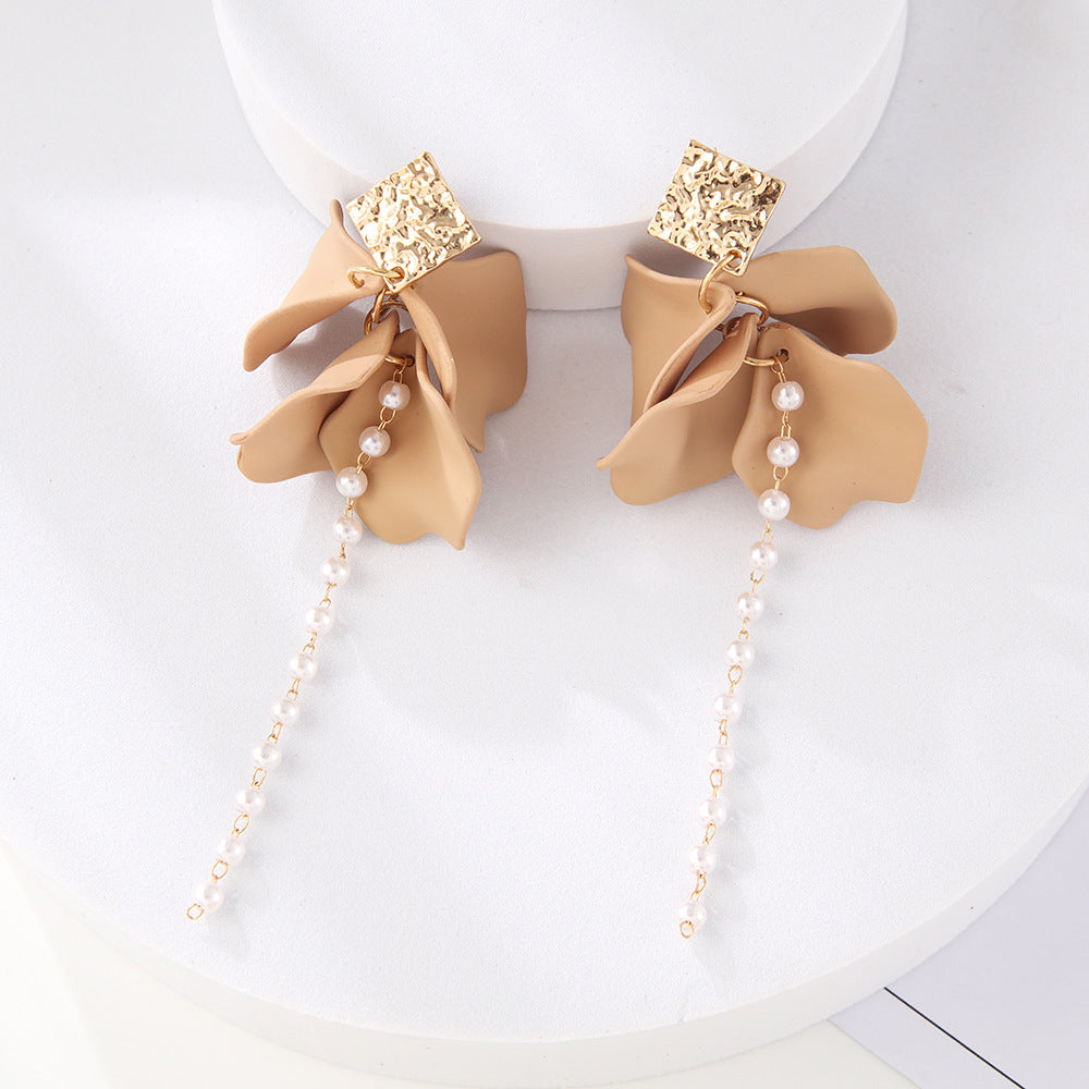 Style Red Blue Colorful Petals Pearl Long Trend Earrings