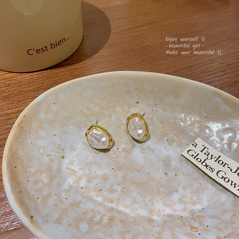 Sier Needle French Baroque Unique Design Pearl Female Light Luxury Stud Earrings
