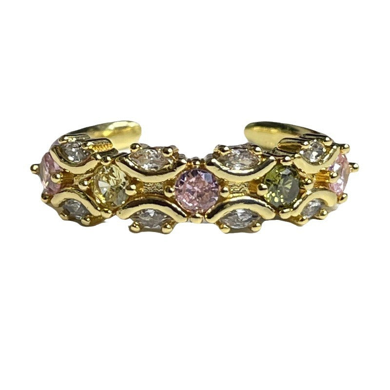 French Retro Court Gold Pink Diamond Open Female Rings