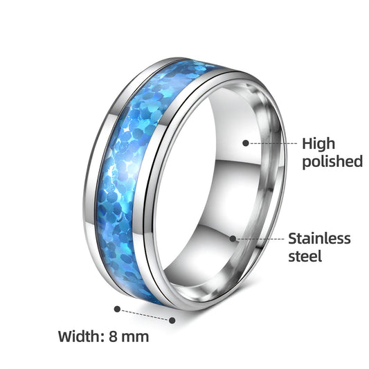 Women's & Men's Personality Deep Sea Blue Round Titanium Steel Ring