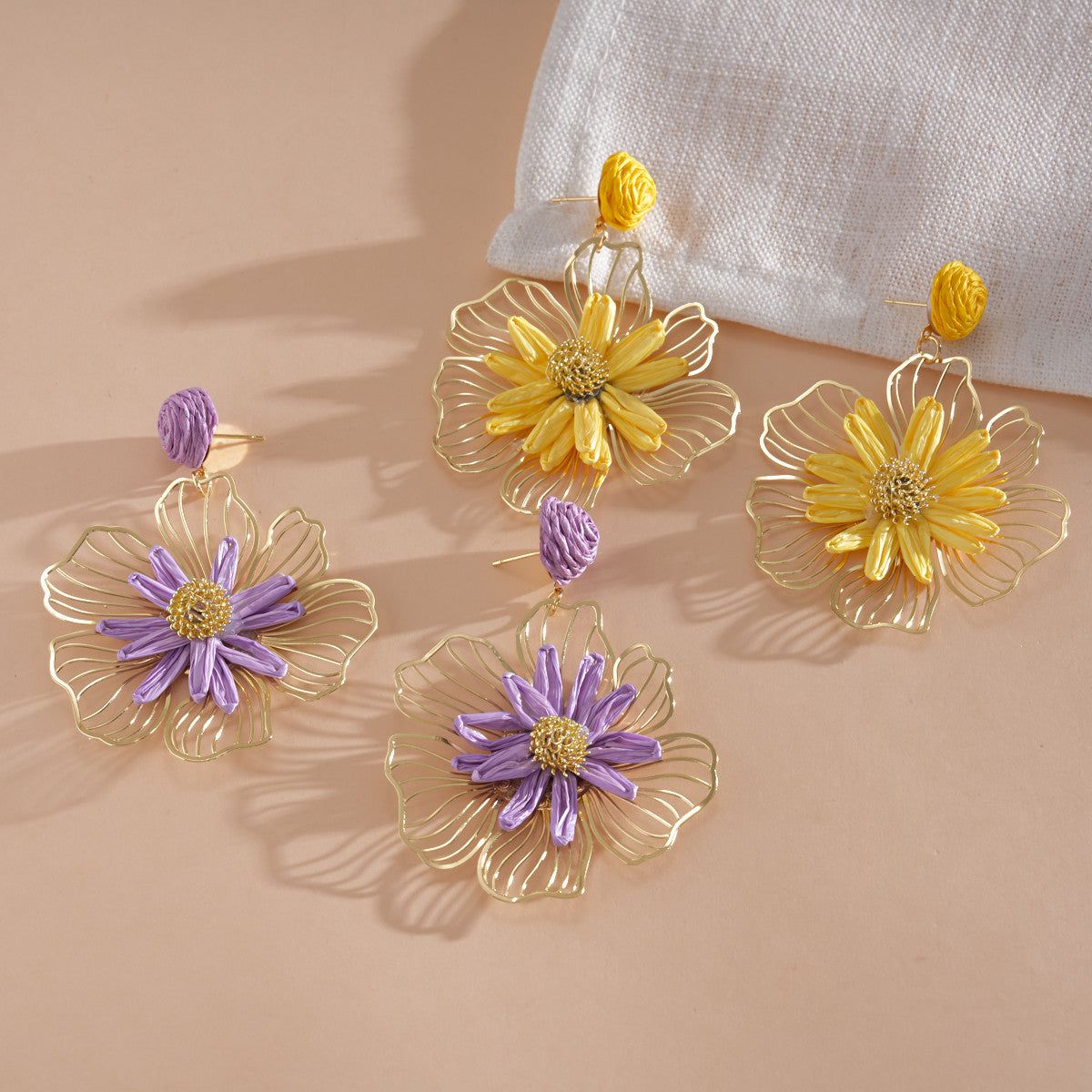 Vacation Style Metal Raffia Flower Sier Sweet Fresh Earrings