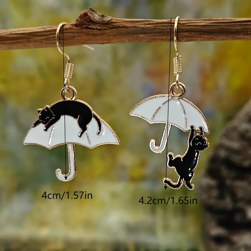 Elegant Cute Black White Cat Ear Umbrella Asymmetric Stud Earrings