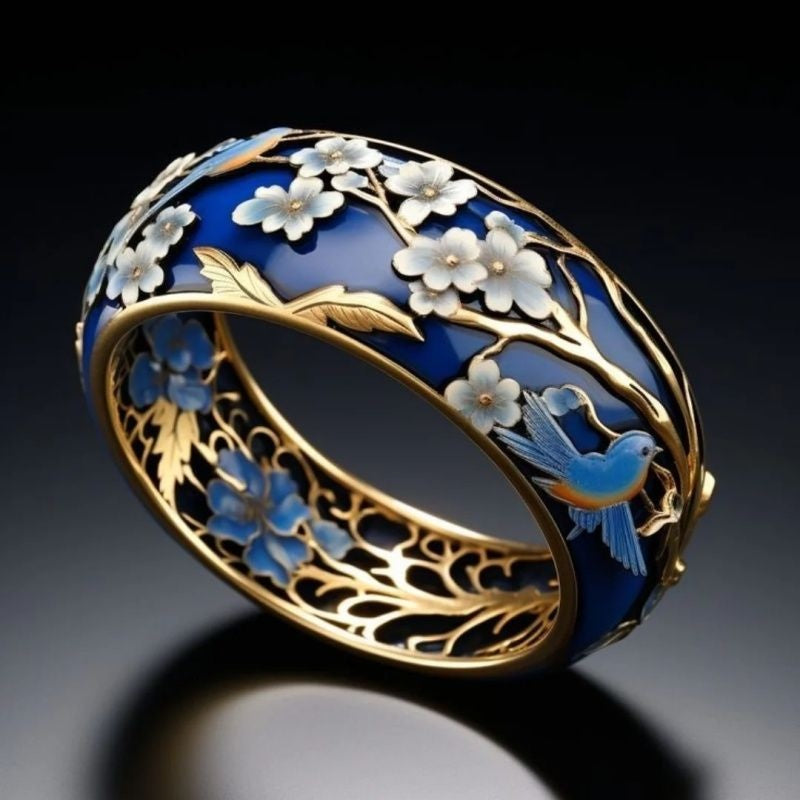 Vintage Cloisonne Flower Bird Gilding Enamel Palace Ring