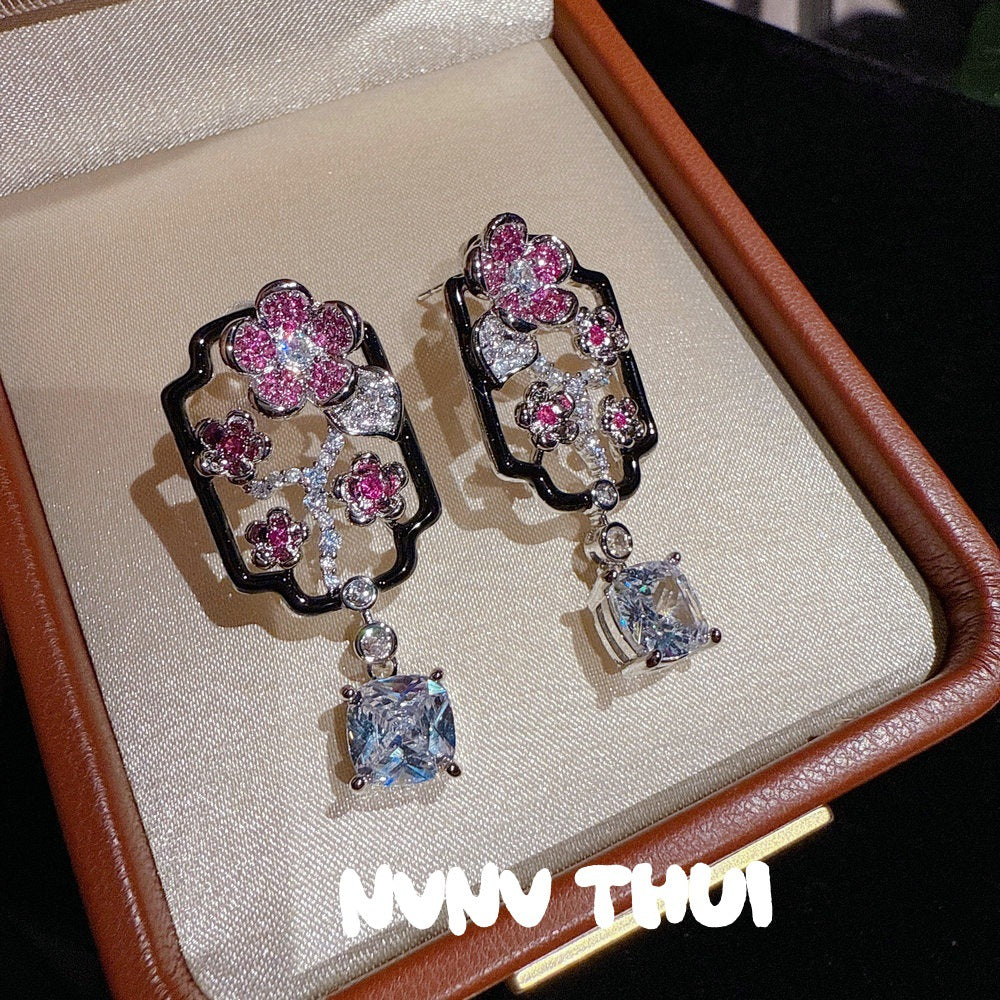 Fragrance Drip Glazed Butterfly Gem Rich Woman Colorful Flowers Rhinestone Earrings