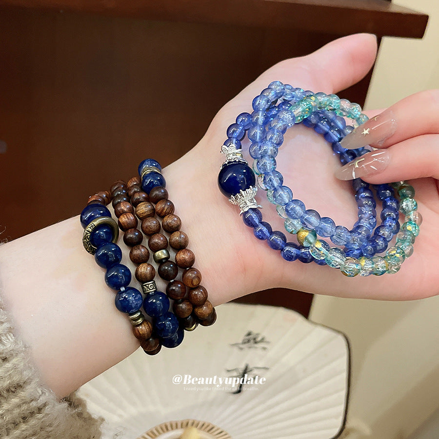 Style Cold Feeling Twin Female Lapis Lazuli Wooden Bead Beaded Bracelet