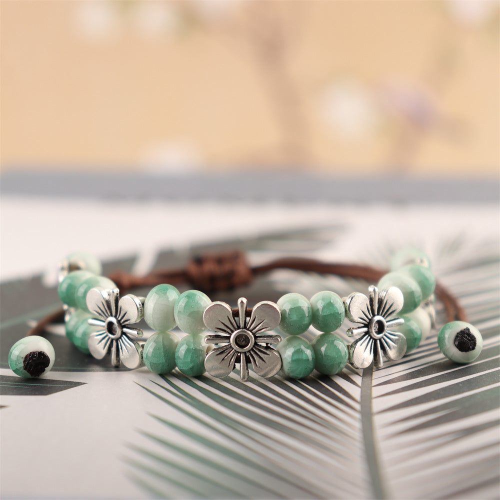 Bohemian Style Ceramic Beads Vintage Four-leaf Clover Copper Bracelets