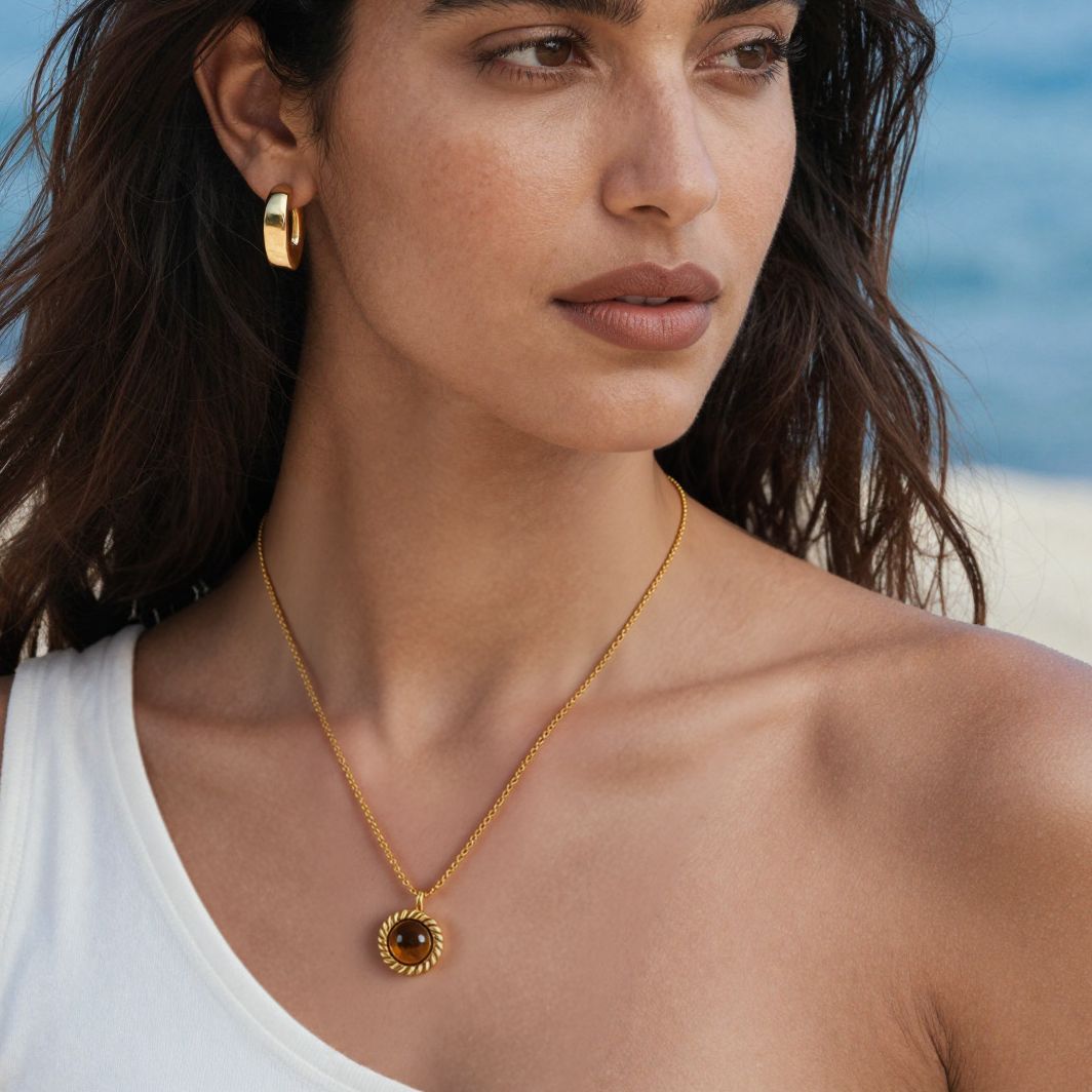 Women's Natural Tigereye Hemp Flowers Chain Stainless Steel Gold-plated Fashion Clavicle Necklaces