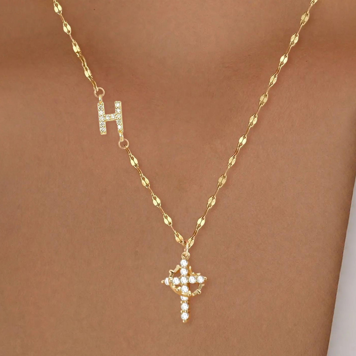 Full Diamond Rotatable Crown Cross With Letters Gold-plated Necklace