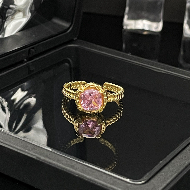 French Retro Court Gold Pink Diamond Open Female Rings