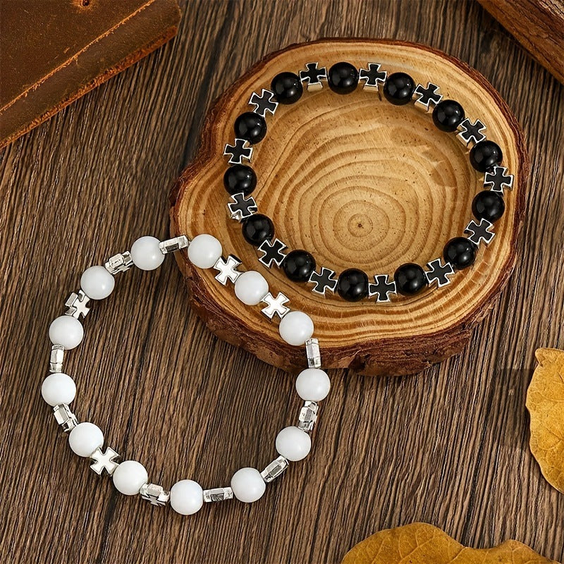 Cross Beaded Black White Color Matching Bracelet