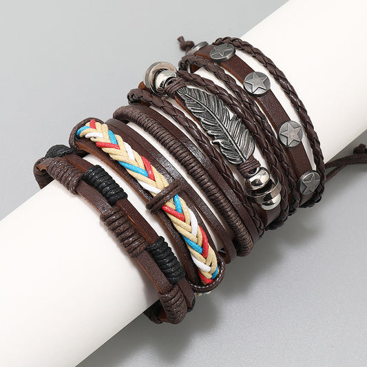 Simple Weave Vintage Leather Accessories Set Bracelets