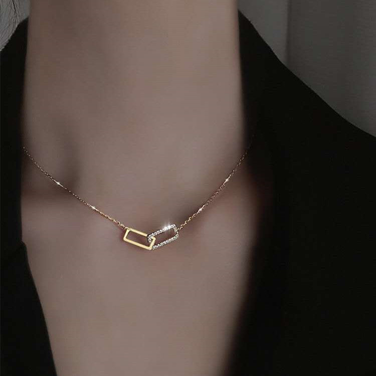 Women's Double Square Niche Geometric Rectangular Jeweled Simple Elegant Stitching Necklaces