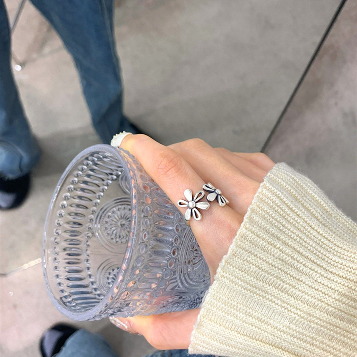 Flowers Female Retro Everyday Fashion Niche Design Open Rings