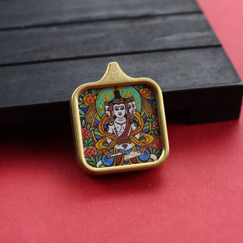 Tibetan Square Hand Painted Golden Outline Eight Patron Pendants