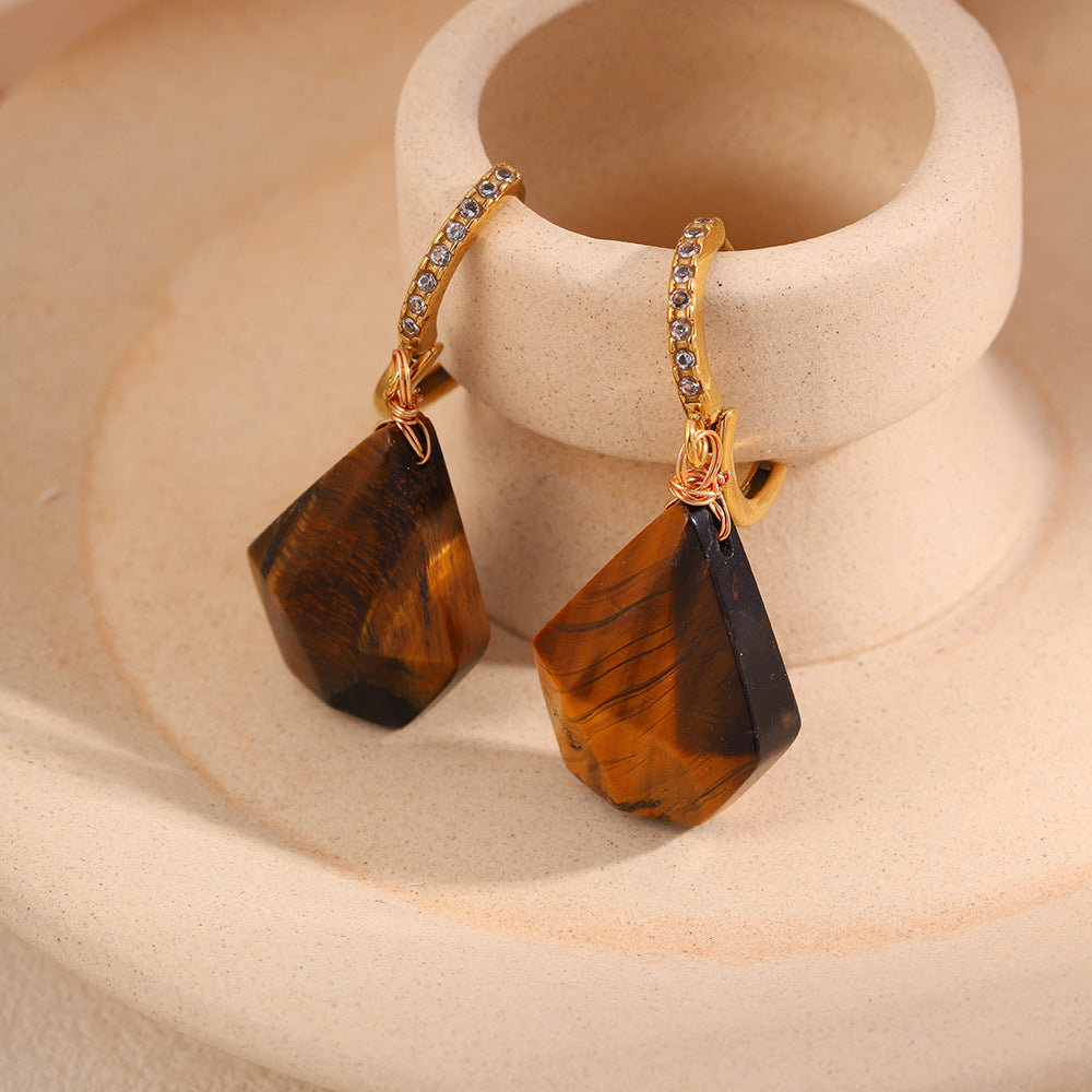 Women's Stainless Steel Waterproof Tigereye Gold Natural Stone Light Earrings