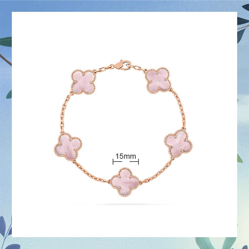 Women's Four-leaf Clover Rose Gold Red Agate Black White Shell Flower Bracelet