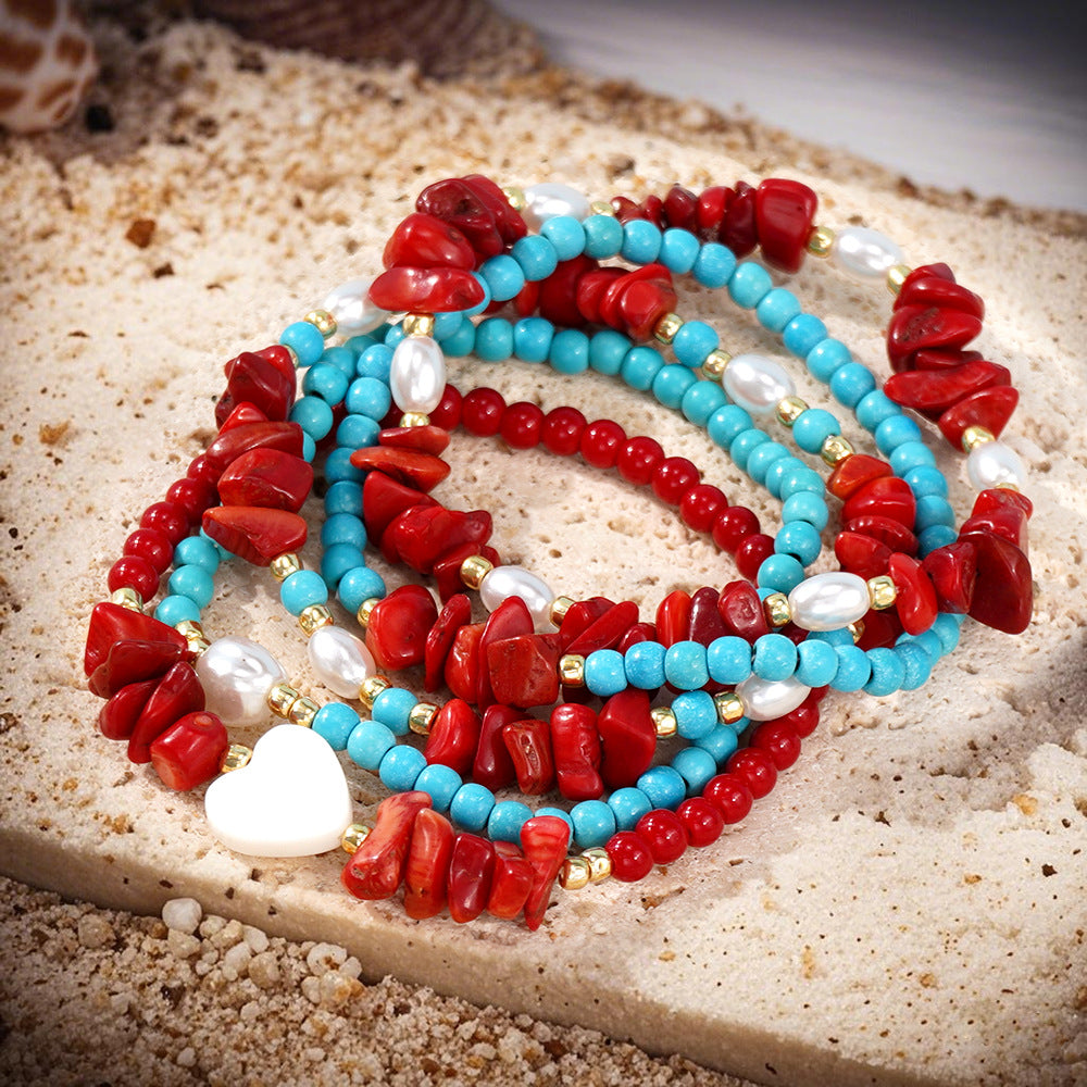 Summer Seaside Wear Red Coral Broken Pearl Heart Niche Design Bracelets