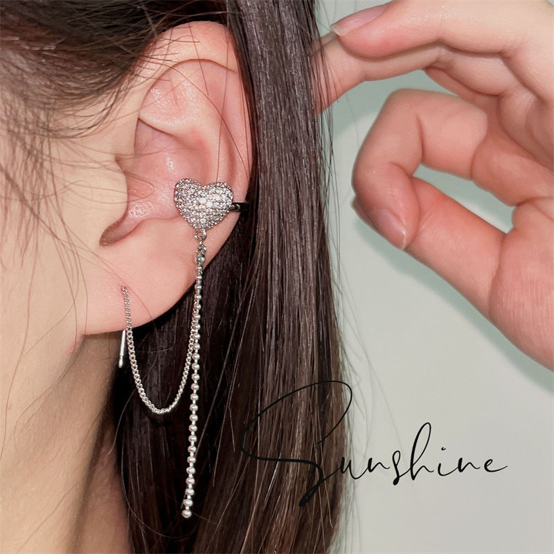 Diamond Fashion Star Moon Personality Tassel Ear Clip Stud Earrings
