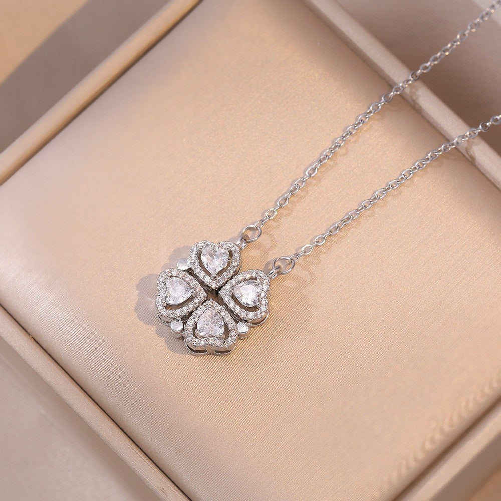 Women's Steel Cross Chain Open Close Four-leaf Flower Necklace