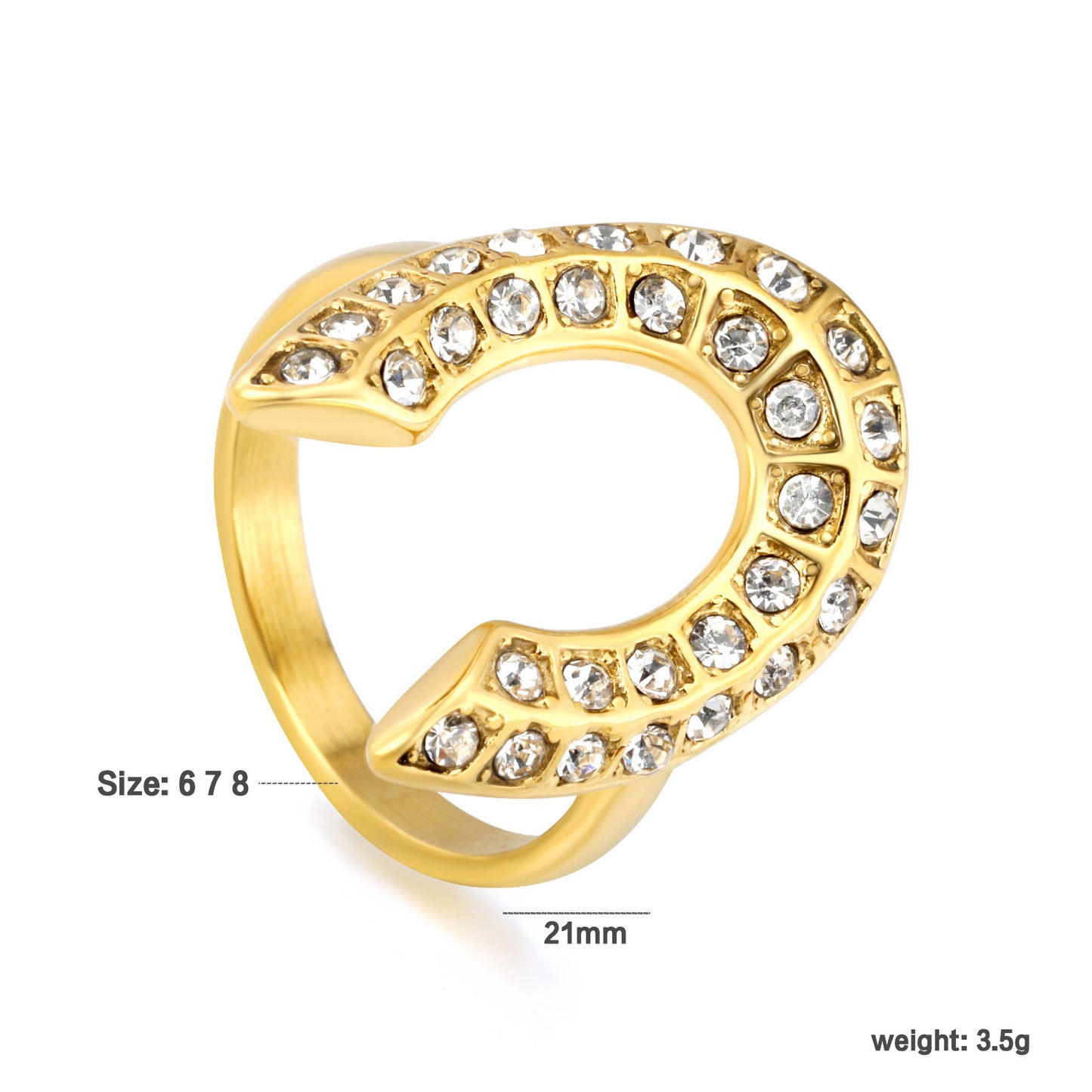 Creative Horseshoe U-shaped With Small Round Diamond Open Stainless Steel Ring