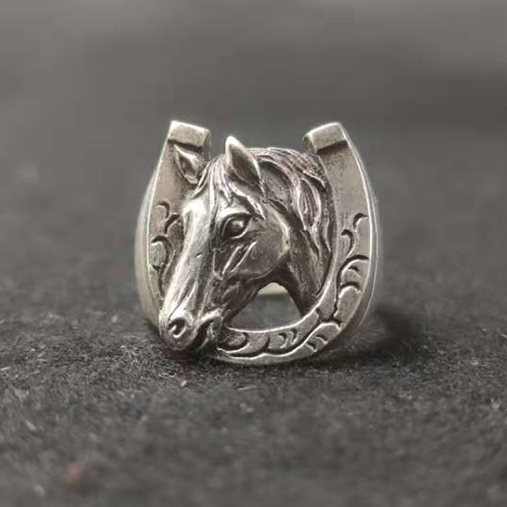 Women's & Men's Sier Horseshoe Horse Head Zodiac Personality Retro Ring