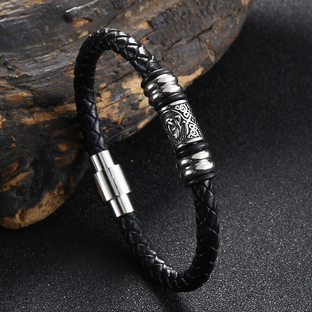 Men's Retro Leather Personality Woven Stainless Steel Magnetic Bracelet