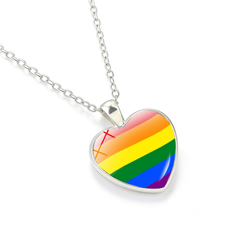 Multicolor Peach Heart Rainbow Pattern Time Gem Cabochon Necklaces