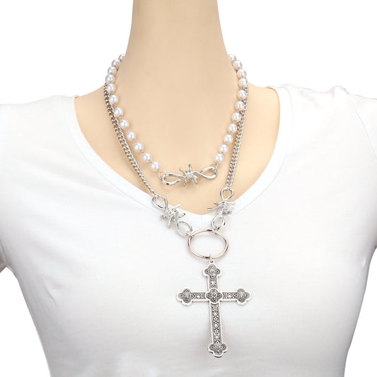 Pearl Cross Hip Hop Punk Double Necklaces