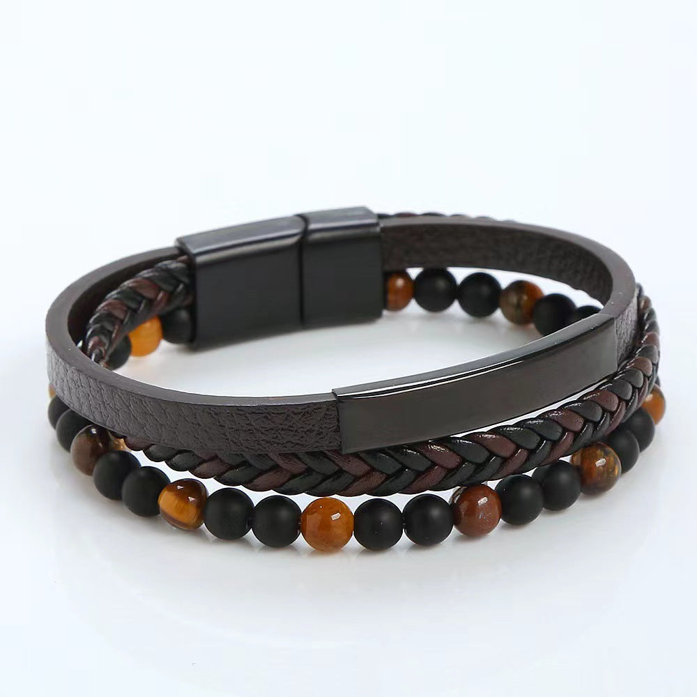 Men's Volcanic Rock Stainless Steel Cattle Leather Bracelets