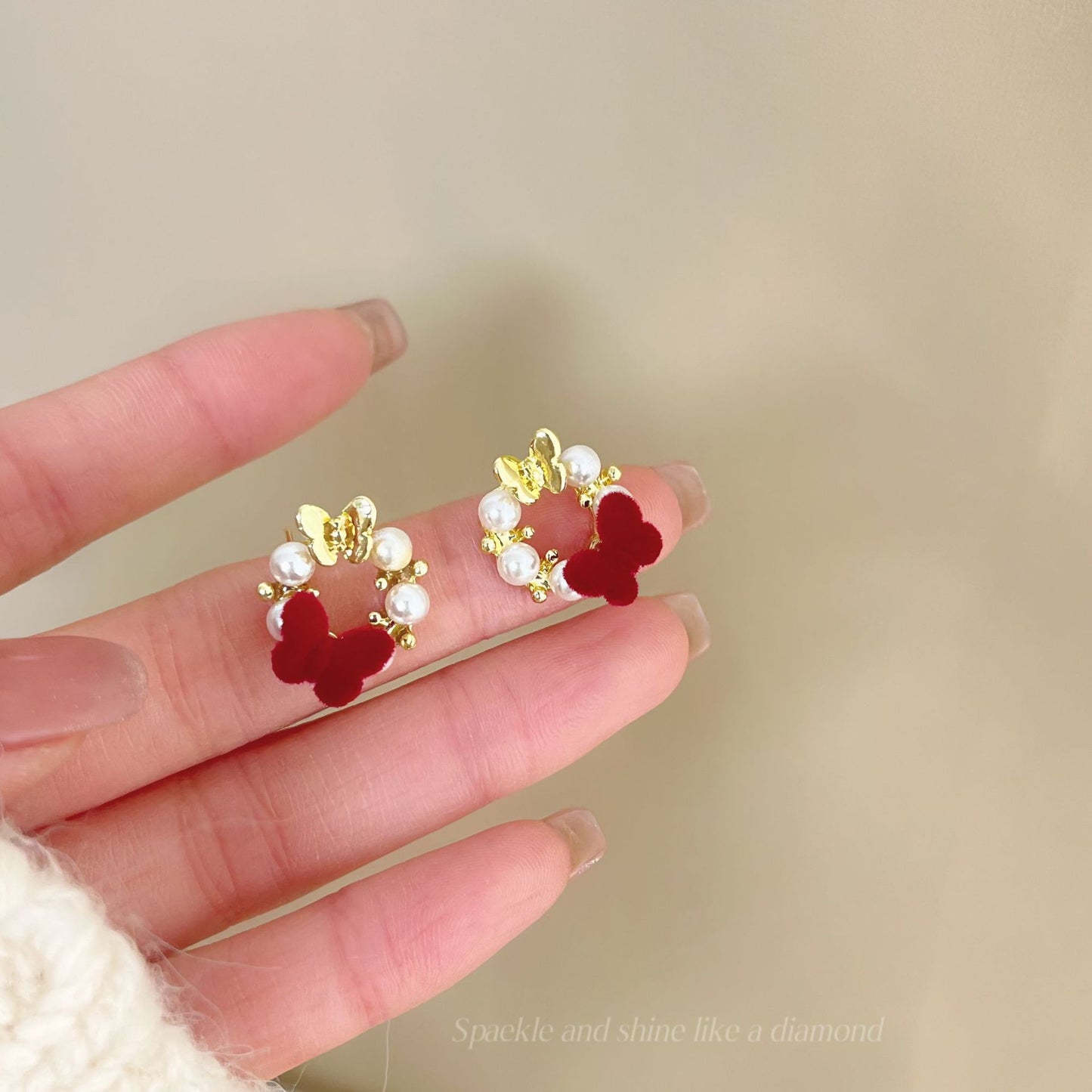 Flocking Female Red Elegant Crystal High-grade Light Earrings