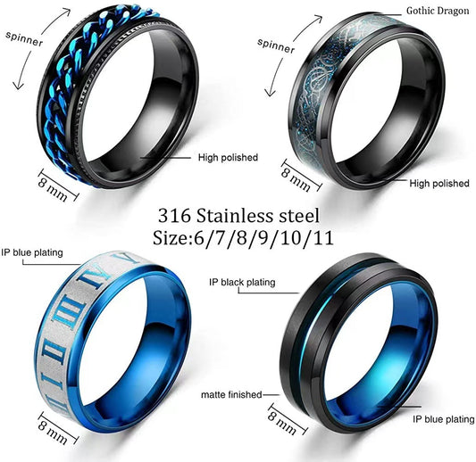 Men's Jewelry Titanium Steel Rotatable Blue Roman Rings