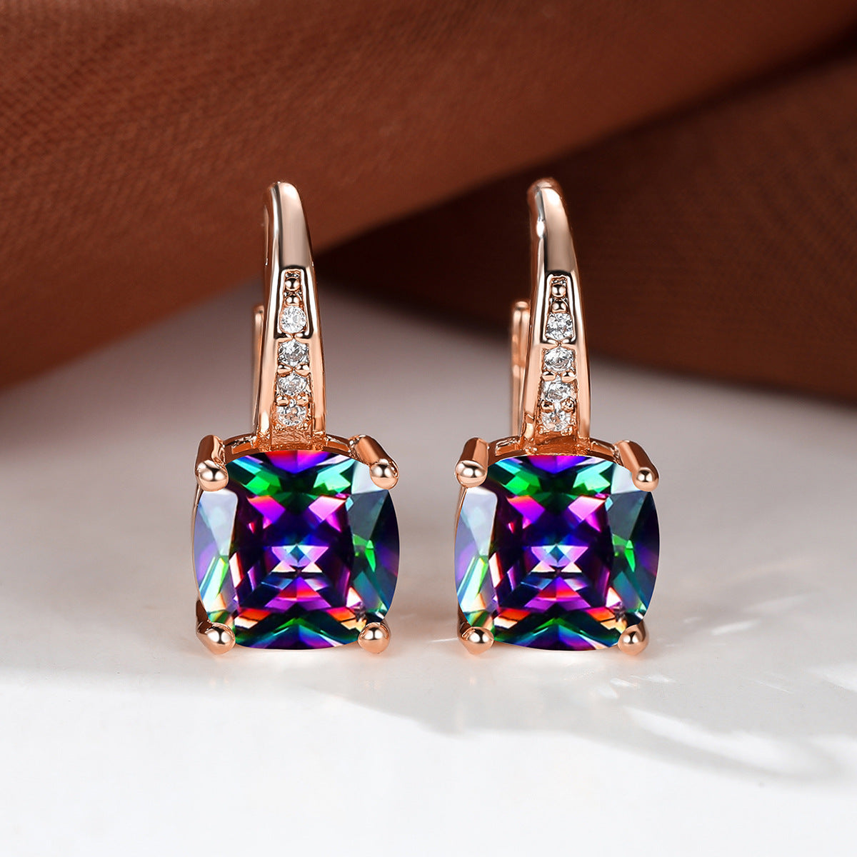 Women's Square Zircon Inlaid Ear Hook Korean Fashion Style Stud Earrings