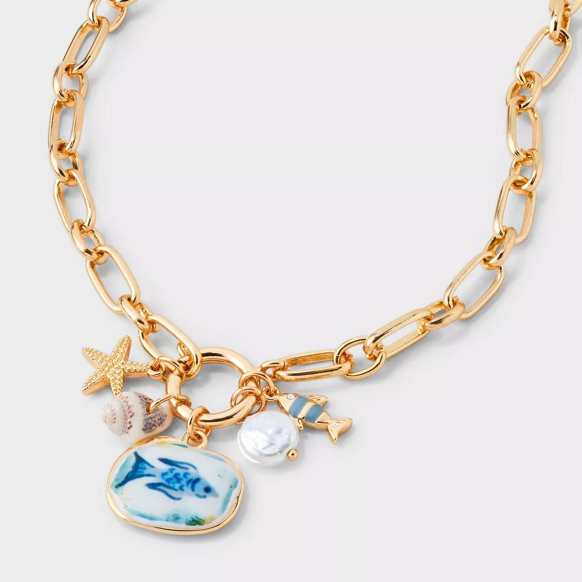 Summer Beach Style Colorful Oil Fresh Strawberry Starfish Pearl Sun Necklace