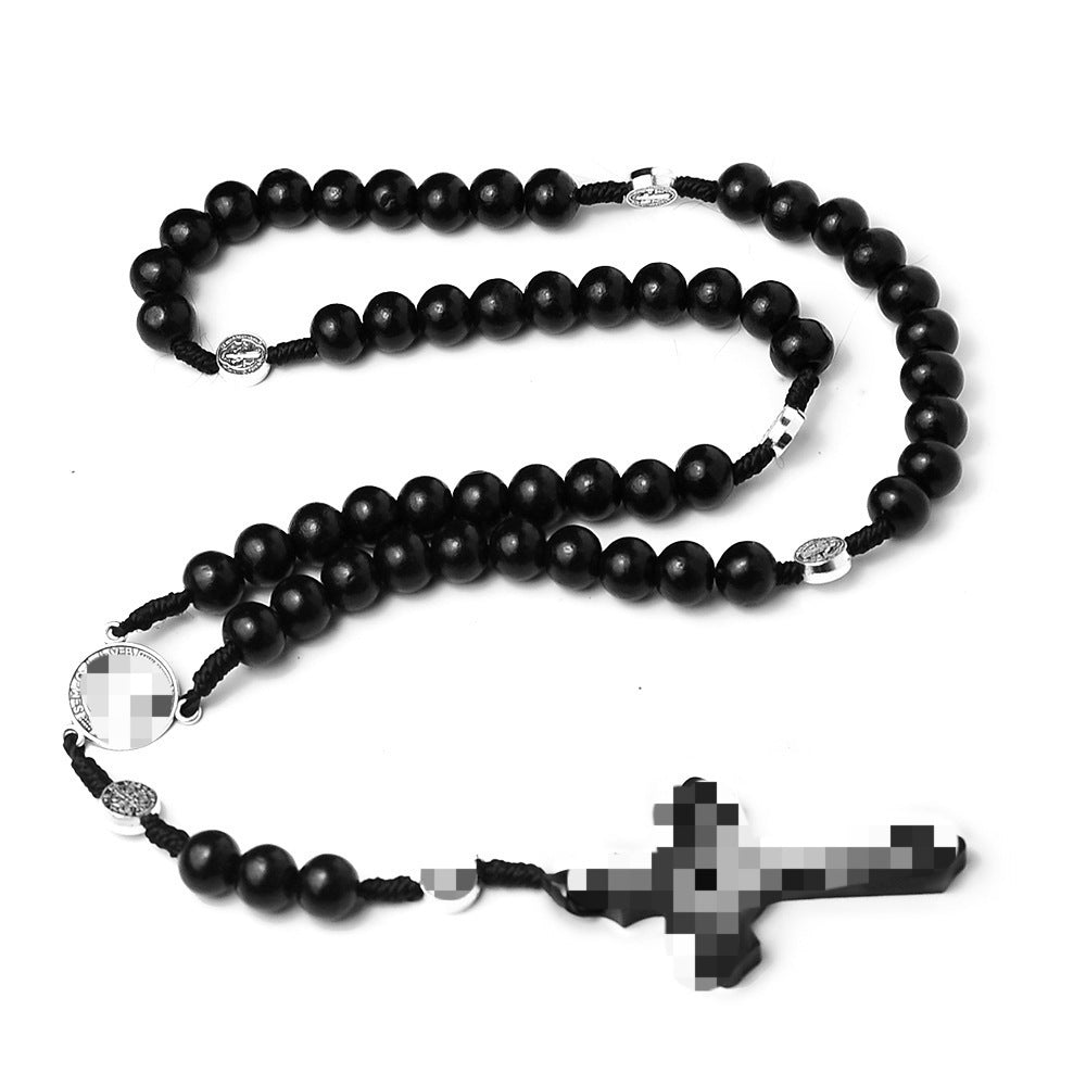 Cross Rosary Hand Knotted Wooden Bead Coffee Necklace