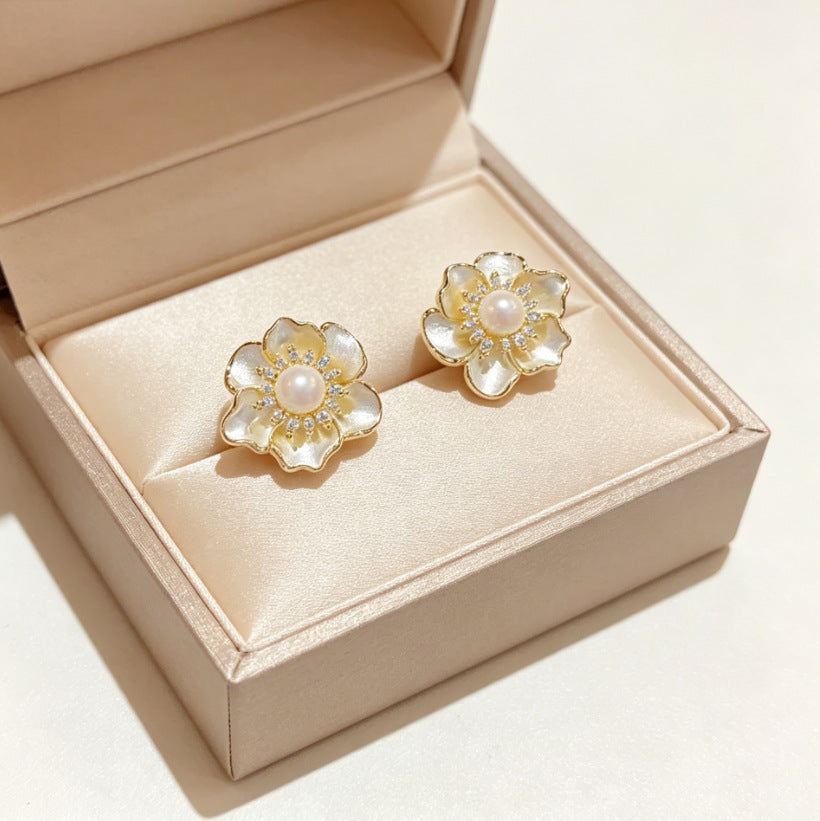Temperament Inlaid Zircon Delicate Pearl High-grade Light Luxury Korean Style Stud Earrings