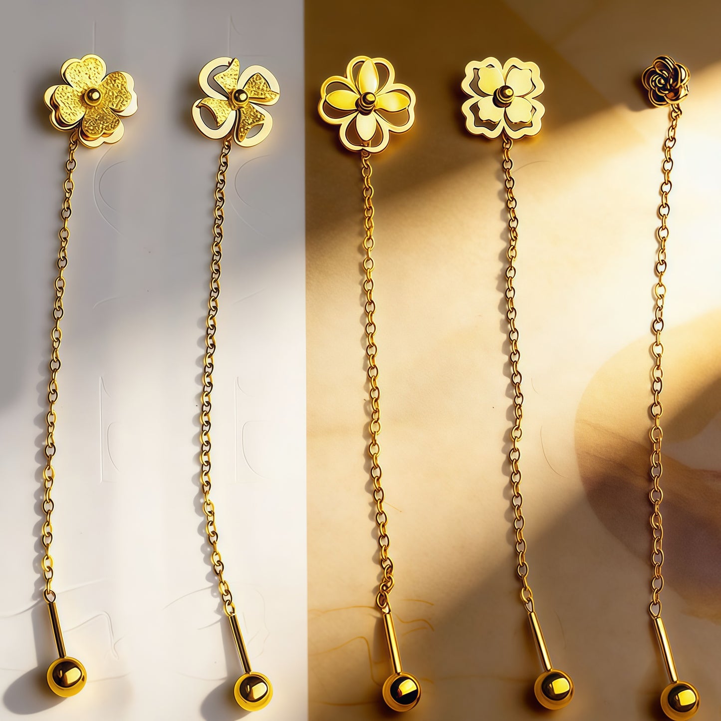 Women's Steel Frosted Gold Clover Lines Rose Temperamental Tassels Stainless Long Ear Line