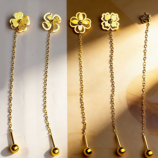 Women's Steel Frosted Gold Clover Lines Rose Temperamental Tassels Stainless Long Ear Line