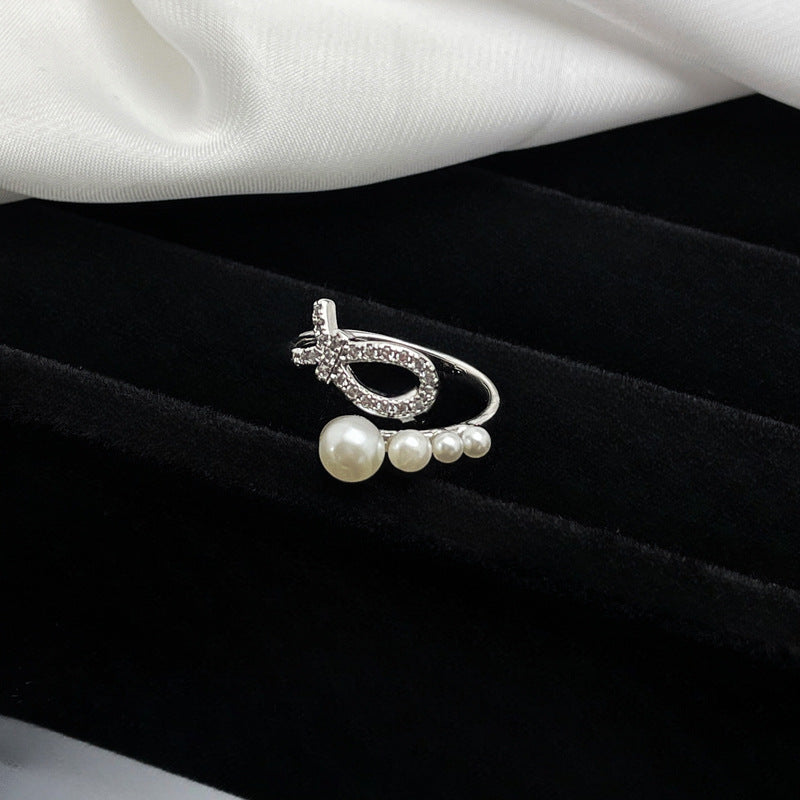 Sweet Cool Bow Open-end Pearl Female Korean Rabbit Rings