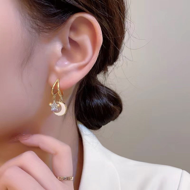 Women's Jeweled Loving Heart Ear Clip Shell Star Moon Asymmetric Long Earrings