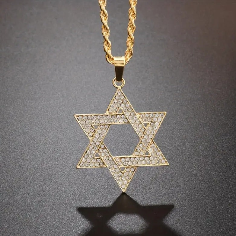 Men's Stainless Steel Full Diamond Hip Hop Six-pointed Star Trendy Fashion Necklace
