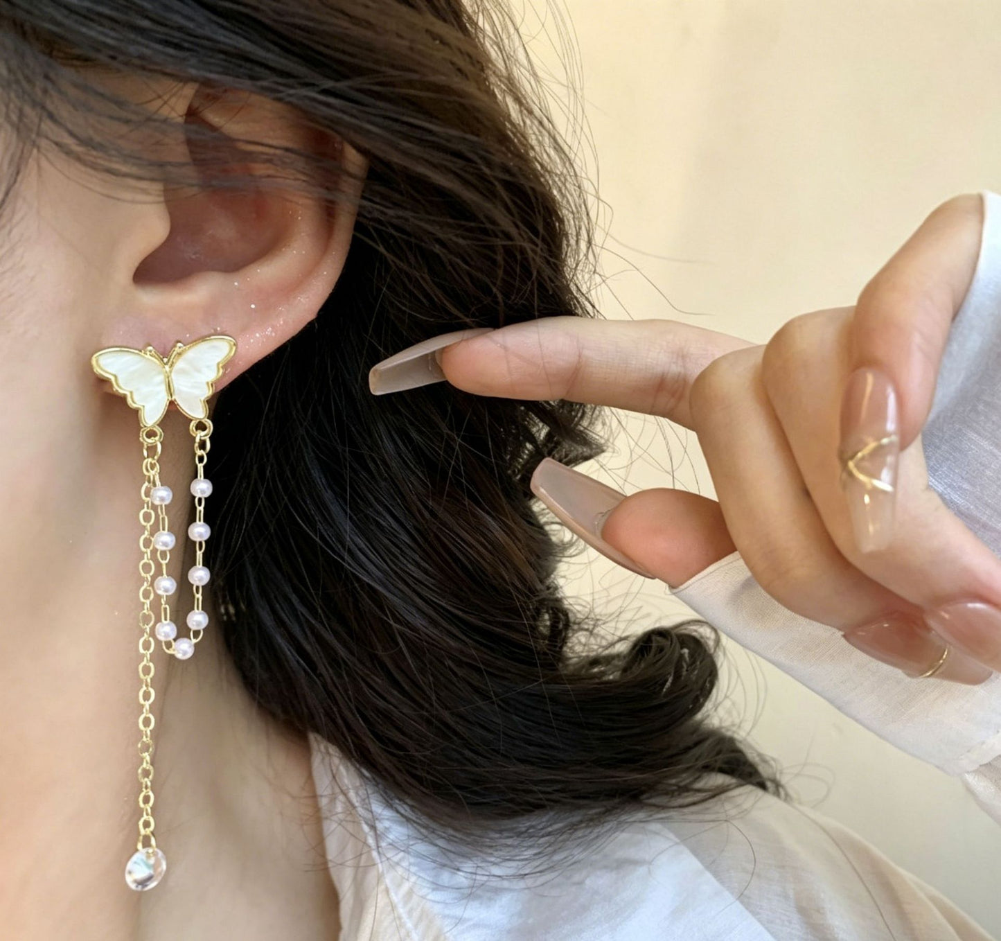 Fairy Fritillary Butterfly Pearl Tassel Design Personality Sier Long Earrings