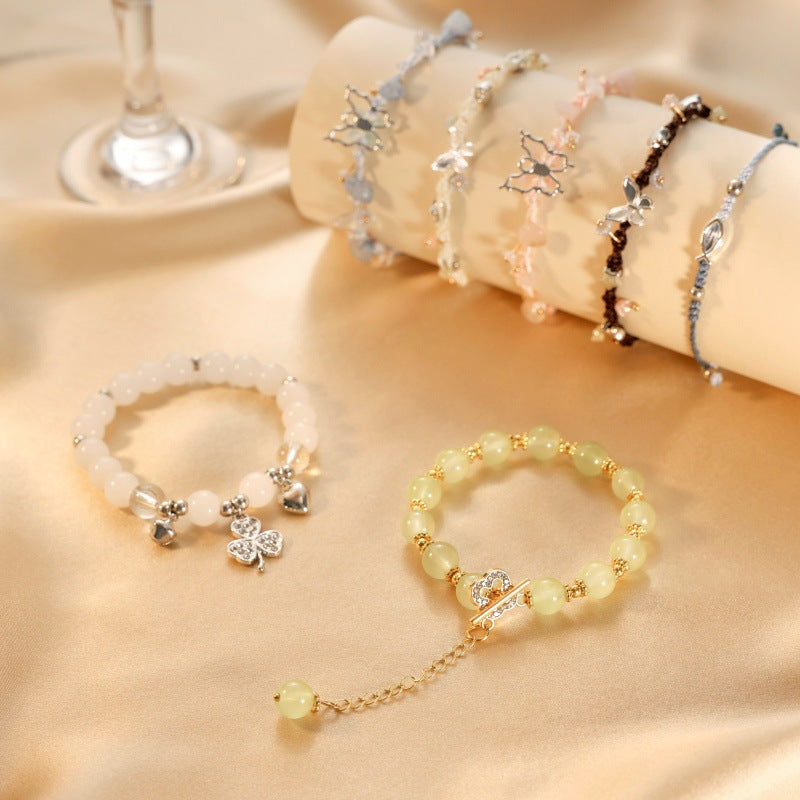 Women's & Men's Fresh Imitation Crystal Bead Good-looking Tassel Woven Hand Strap Bracelets