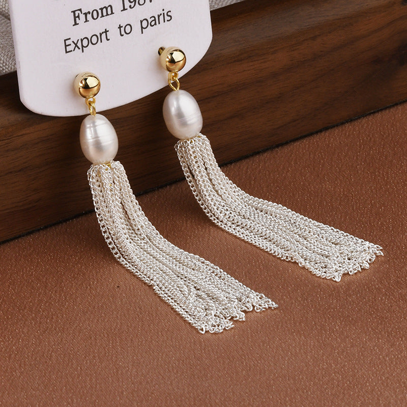 Fairy French Oval Pearl Long Tassel Female Affordable Earrings