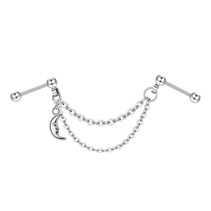 Ball Fashion Piercing Stainless Steel Chain Zircon Moon Heart-shaped Ear Earrings