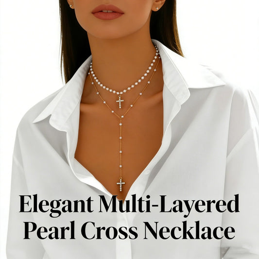 Women's Elegant Imitation Pearl Gold Cross Y-shaped Beaded Twin Clavicle Necklace