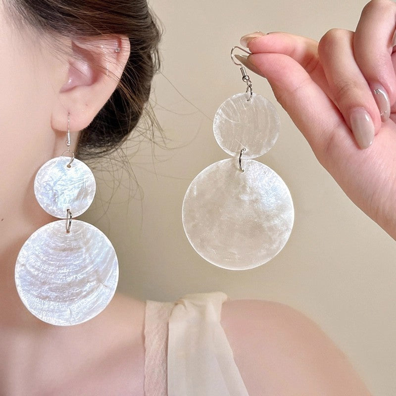 White Shell Disc Tassel Niche High-grade Design Temperamental Long Eardrops Earrings