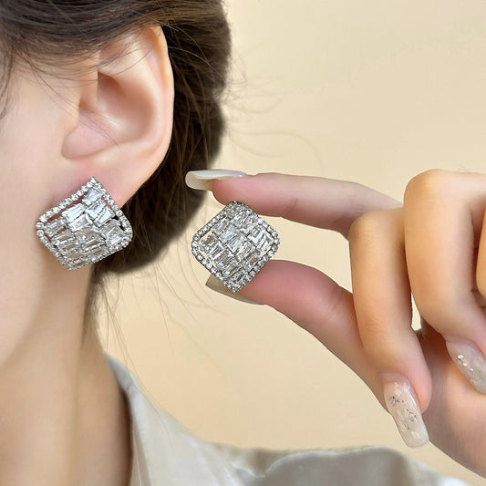 Women's Zircon Light Luxury Square Super Flash For Design High Sense Stud Earrings