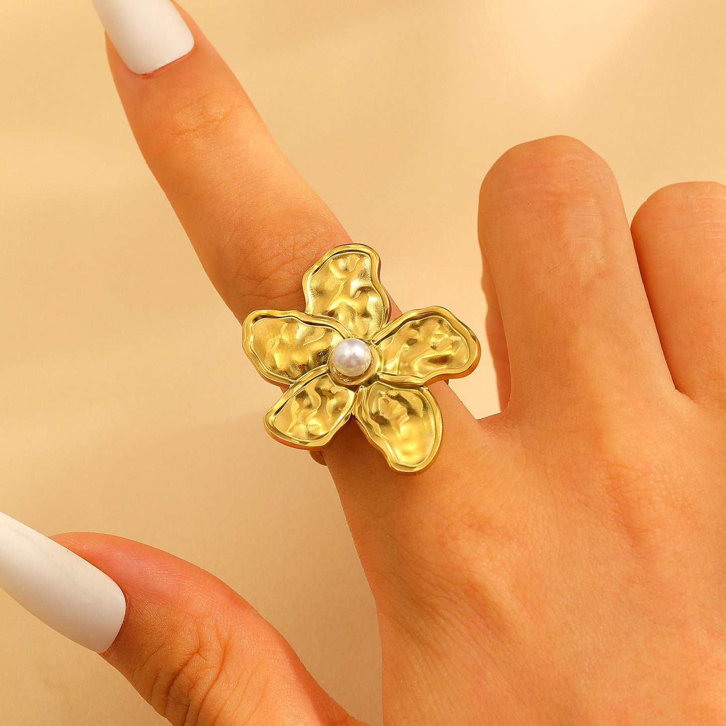 Steel Flower Leaf Female Exaggerated Personalized Hollow Ring